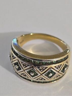 925 SUN Sterling Silver Wide Geometric ring with emerald stones size 7